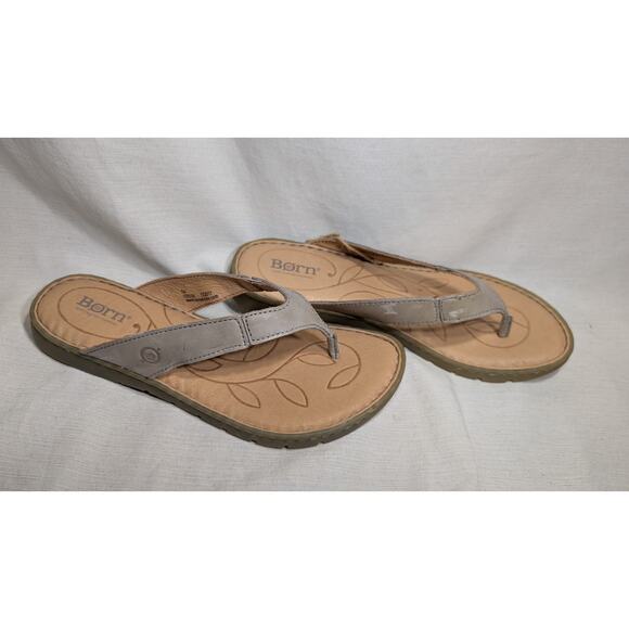 Born Wmns Gray Amelie Leather Thong Sandals Flip Flops  Sz 8M Summer Travel Flaw - Picture 1 of 8